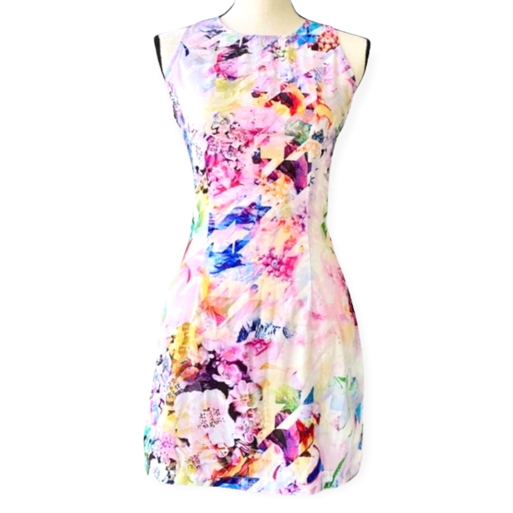 Addison Multicolor Mixed Print Bright Colorful Sleeveless Mini Dress, Small